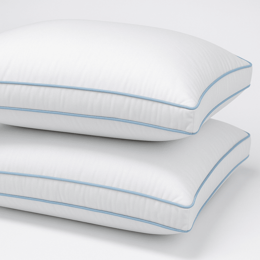 Premium gel pillows with light blue piping, hotel-quality comfort and cooling support for luxury stays