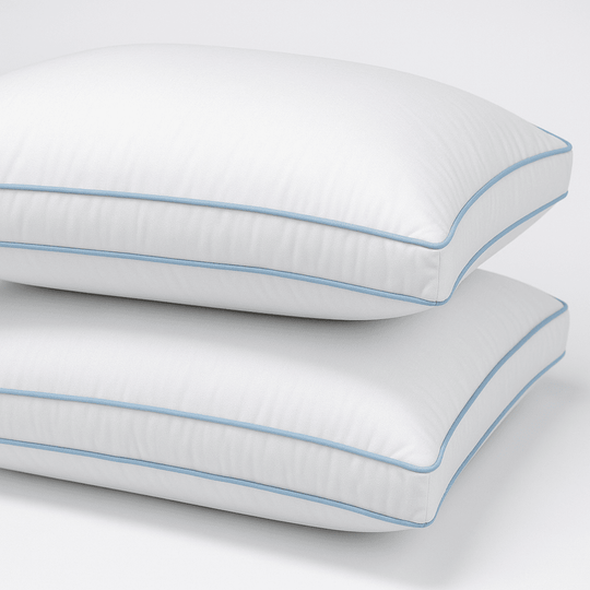 Premium gel pillows with light blue piping, hotel-quality comfort and cooling support for luxury stays