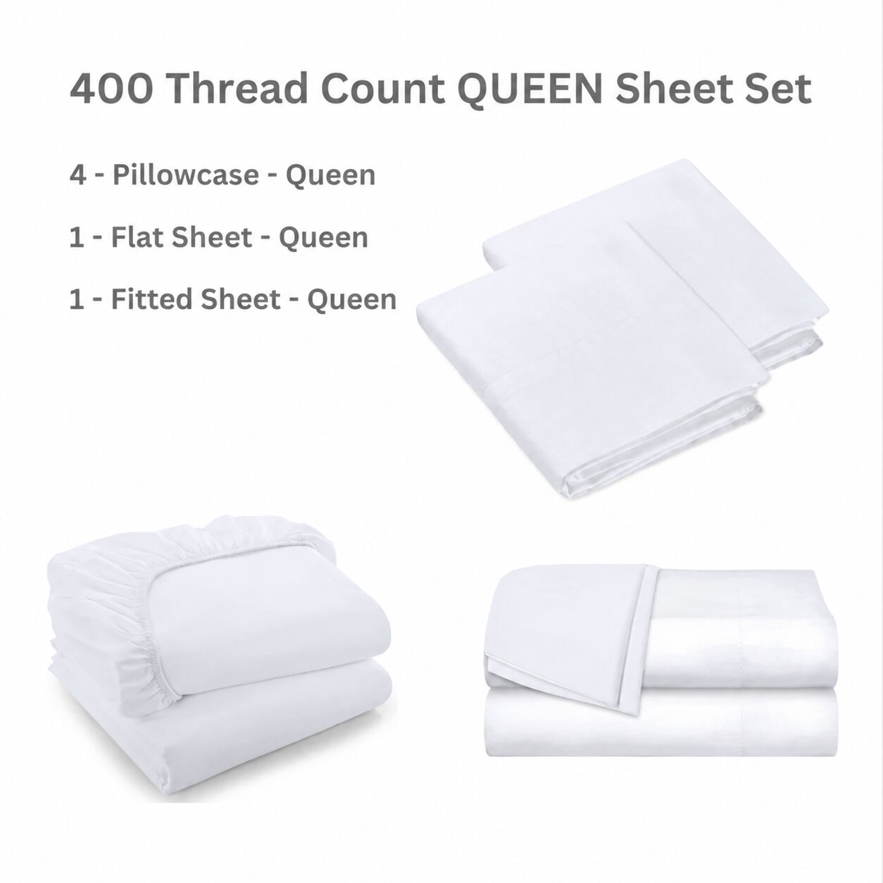 luxury white 400 thread count queen sheet set with four pillowcases, flat sheet and fitted sheet for hotels, inns and Airbnbs.
