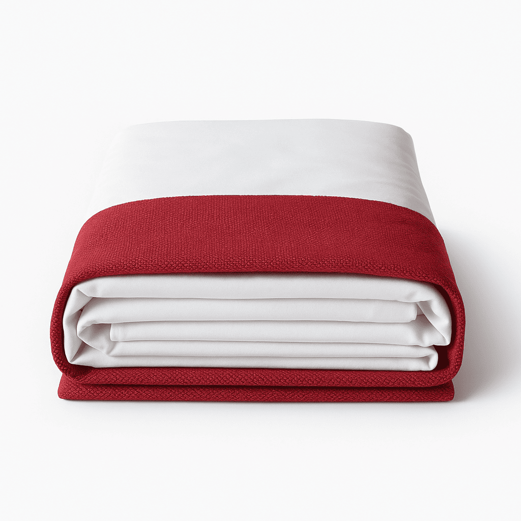 Folded red and white bed hugger for hotel rooms, modern design with durable textured fabric. Perfect for Hospitality use.