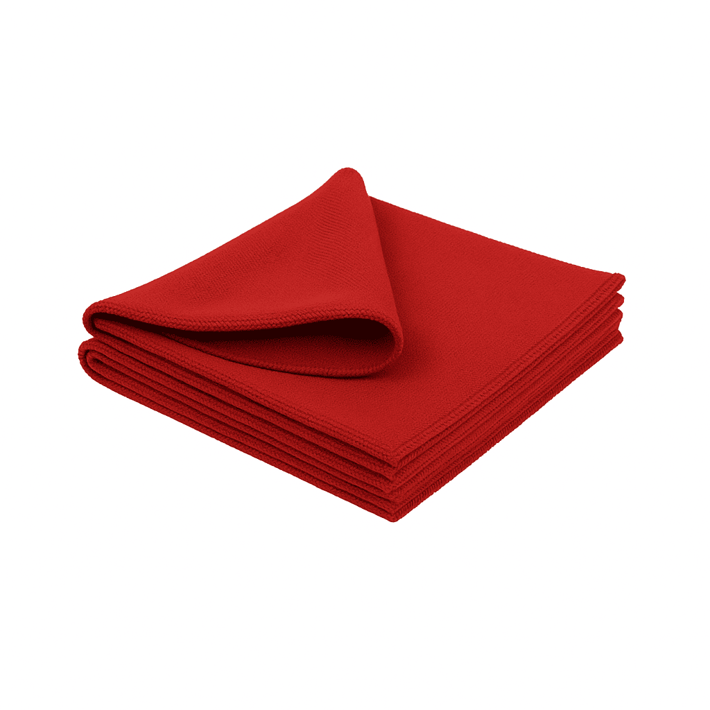 Red microfiber cleaning cloth 300GSM lint-free towel for hotels, resorts, and Airbnb, streak-free shine.