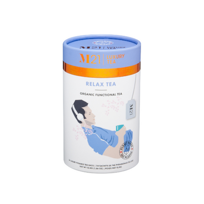 Relax tea with calming herbs and delicate florals. A comforting daily infusion for stress relief, relaxation, and peace of mind.
