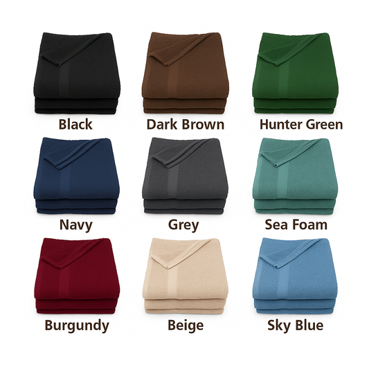 Set of folded 100% combed cotton towels in nine vibrant colors, ideal for hotels, spas, Airbnbs, or homes. Soft, absorbent, and quick-drying.