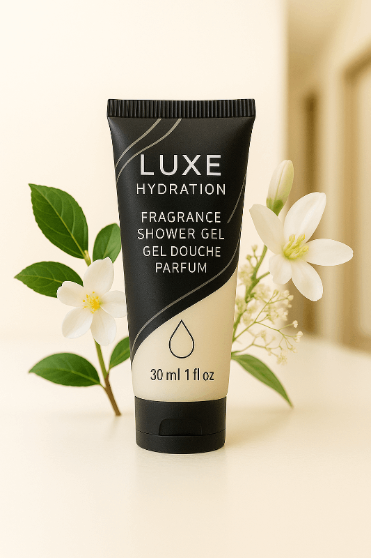 Fragrance-scented shower gel 30ml for hotel bathrooms. White tea and bergamot scent perfect for hospitality amenities.