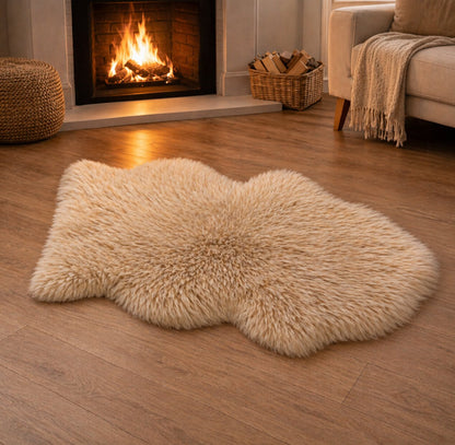 Faux sheepskin rug, fluffy and cozy, perfect for modern homes, hotels, and stylish interiors