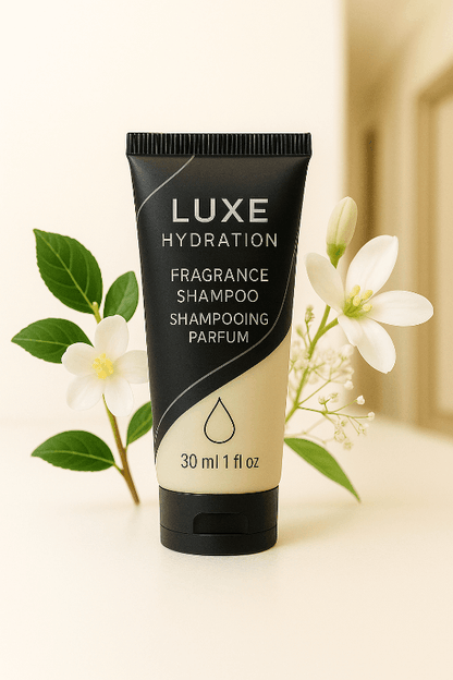 30ml luxe hydration Shampoo 30ml with elegant white tea and bergamot fragrance. Designed for hotels, Airbnb, and spa-inspired kits.