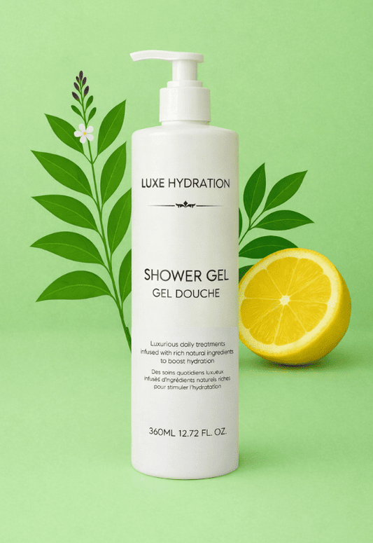 Luxe Hydration shower gel bottle with a lemon and leaves on a green background