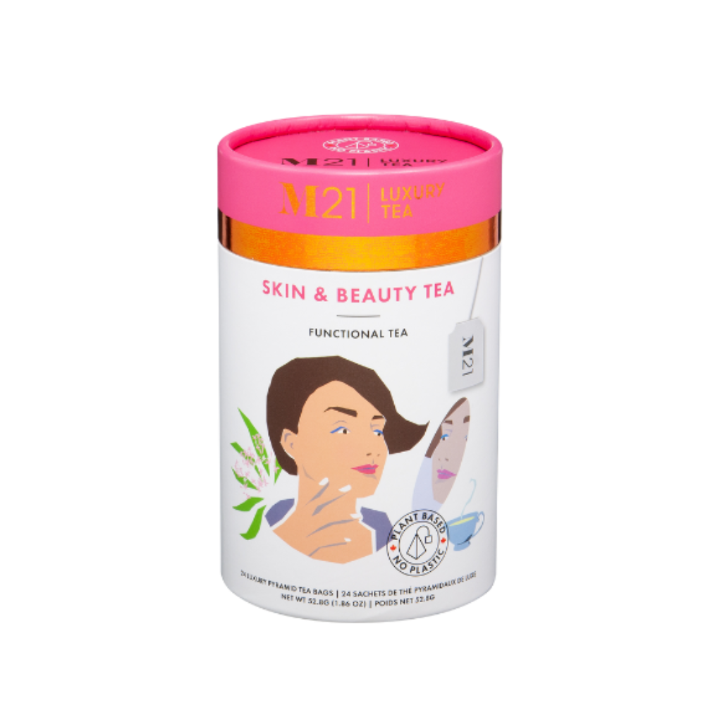 Skin & Beauty herbal tea with glow-boosting botanicals. A nourishing blend to support radiant skin and inner wellness.