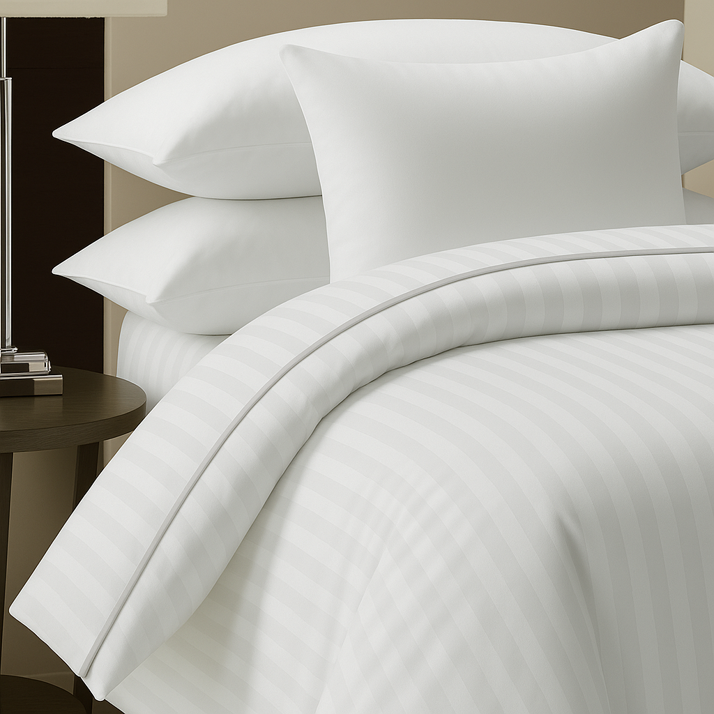 Premium quality white duvet with striped pattern and plain pillows perfect for hotel, Airbnb, and resorts 