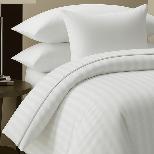 Premium quality white duvet with striped pattern and plain pillows perfect for hotel, Airbnb, and resorts 