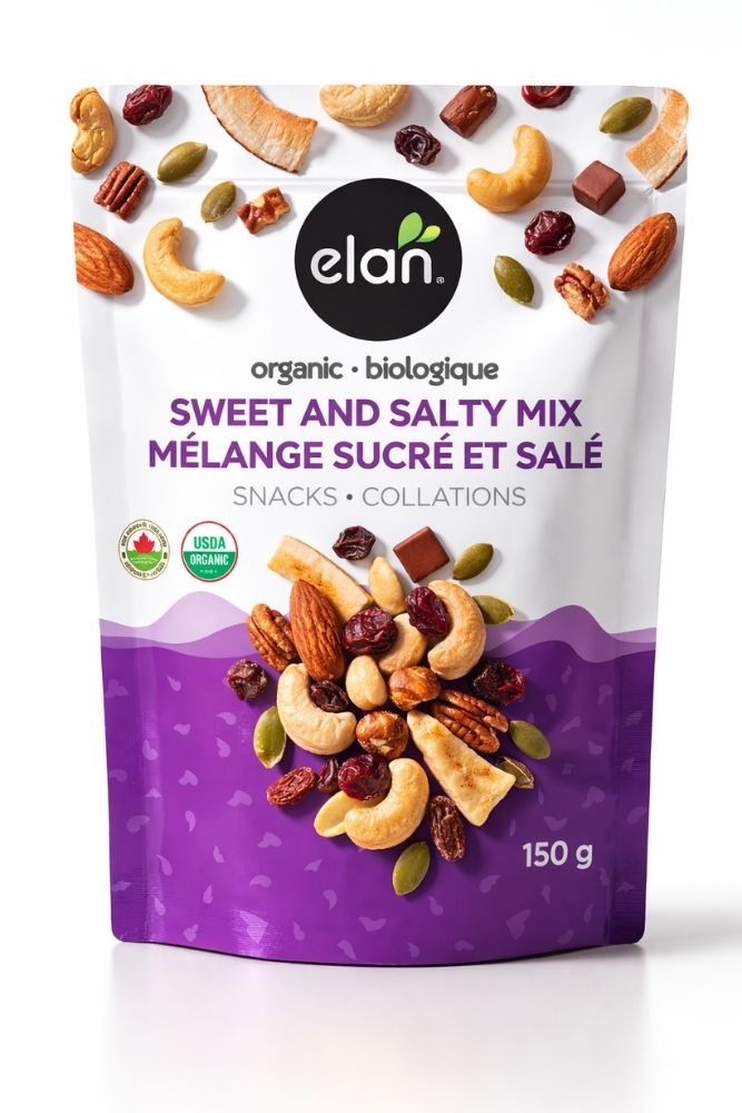 Premium mixed nuts snack pack with almonds, cashews, and raisins, healthy trail mix for retail and hospitality use