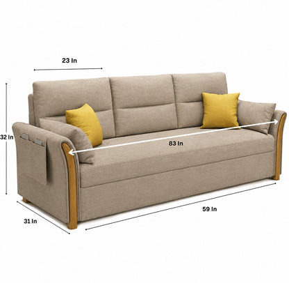 Beige three-seat sofa bed dimensions showing approximately 83-inch width, 32-inch height, 31-inch depth and 59-inch base length.