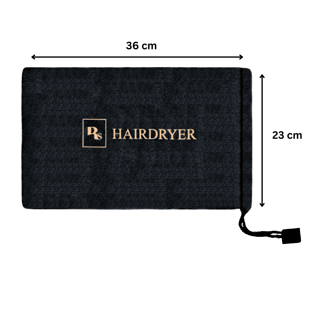 Black hair dryer bag with gold logo, drawstring closure, 36x23 cm. Ideal for hotel rooms and travel kits.