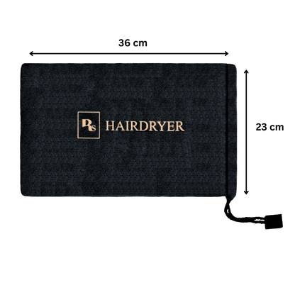Black hair dryer bag with gold logo, drawstring closure, 36x23 cm. Ideal for hotel rooms and travel kits.