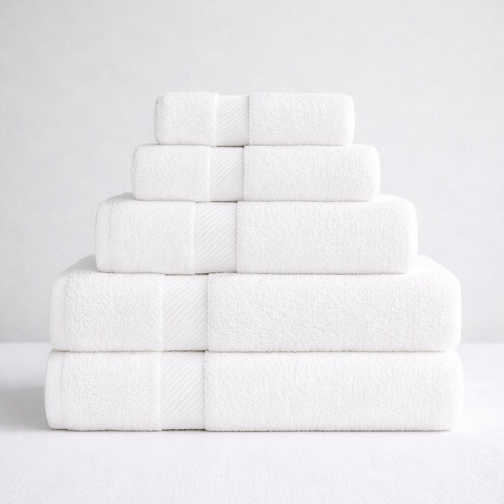 Hotel towel bundle, bath, hand, and face towels, durable and plush for hospitality and guest room use