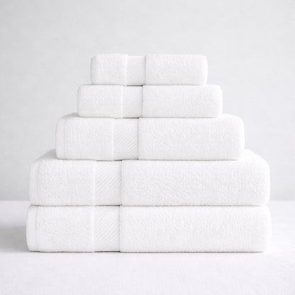 Hotel towel bundle, bath, hand, and face towels, durable and plush for hospitality and guest room use