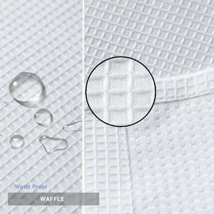 No-hook shower curtain with built-in grommets, easy to install and ideal for hotel bathrooms, rentals, and modern home use