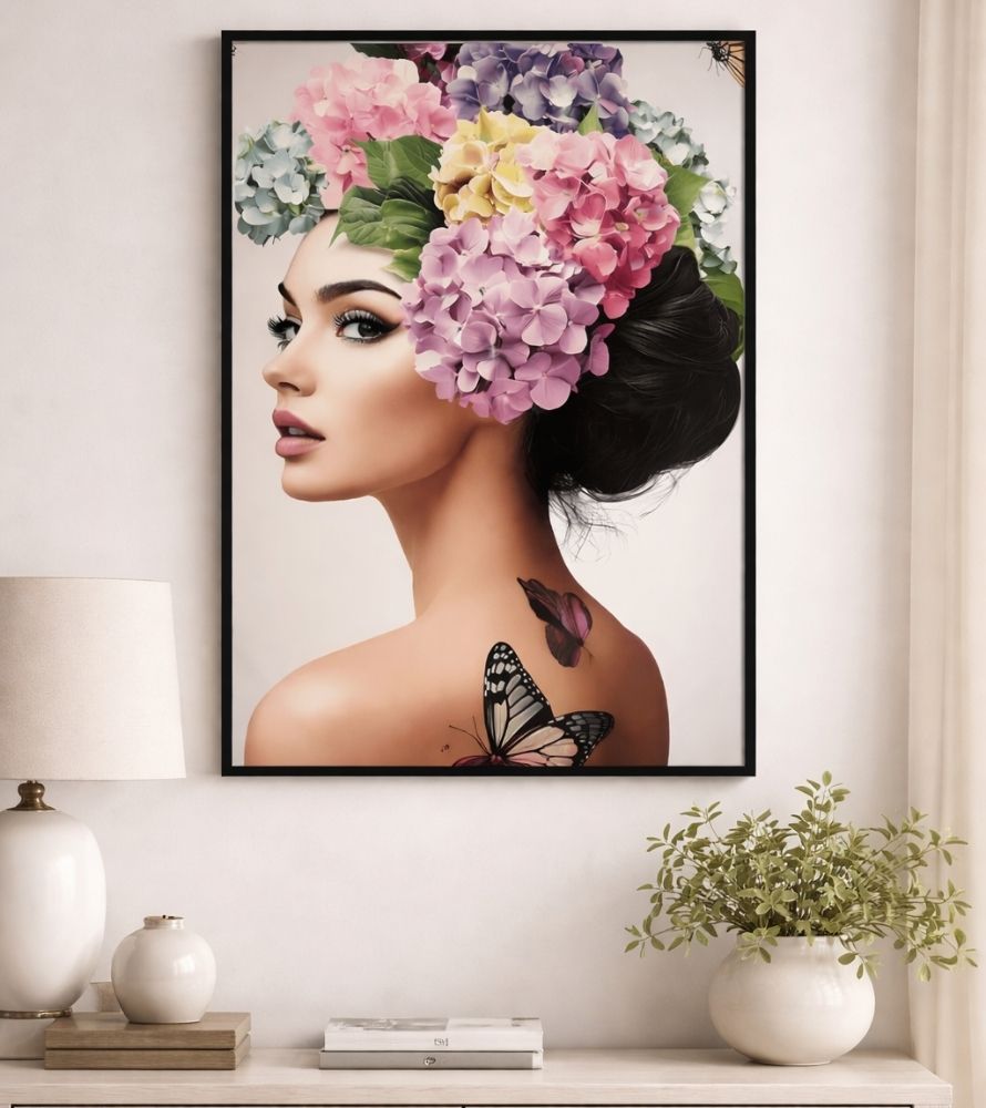 Portrait wall art styled for a modern living space