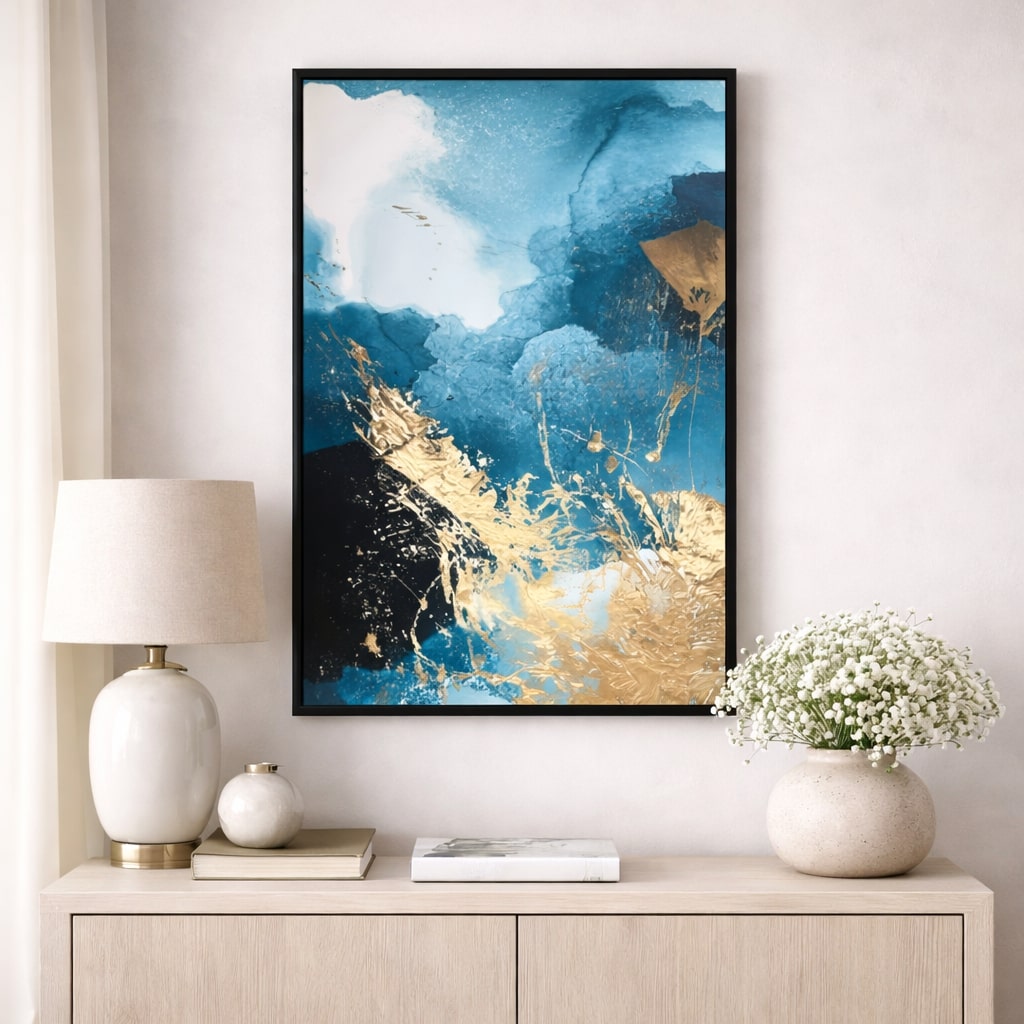 Luxury abstract wall art with blue and gold textures, framed artwork for upscale home styling