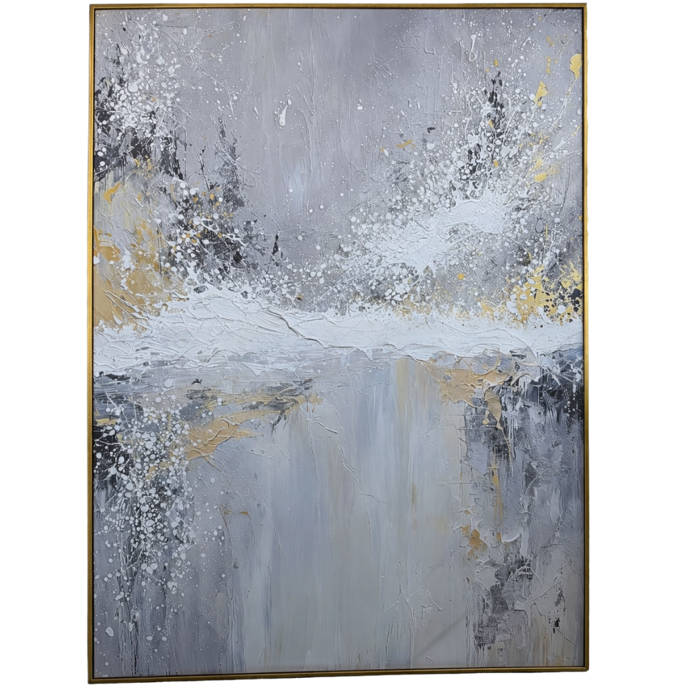 Modern abstract painting with layered grey and white textures, gold accents, and a black frame, stylish wall art for living rooms