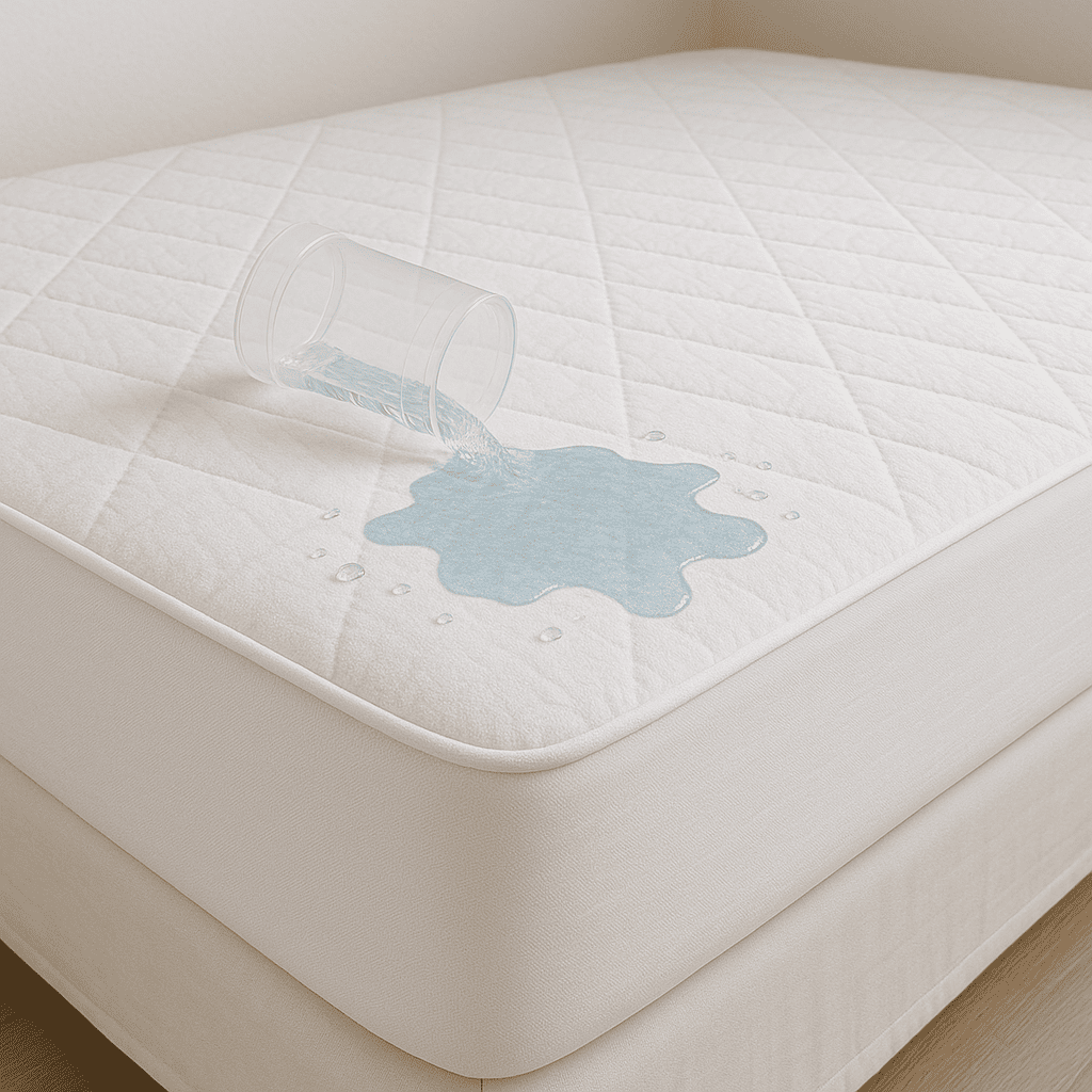 Premium hotel mattress protector, microfiber quilted top with waterproof PU membrane and elastic skirt for snug fit.