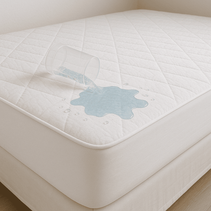 Premium hotel mattress protector, microfiber quilted top with waterproof PU membrane and elastic skirt for snug fit.