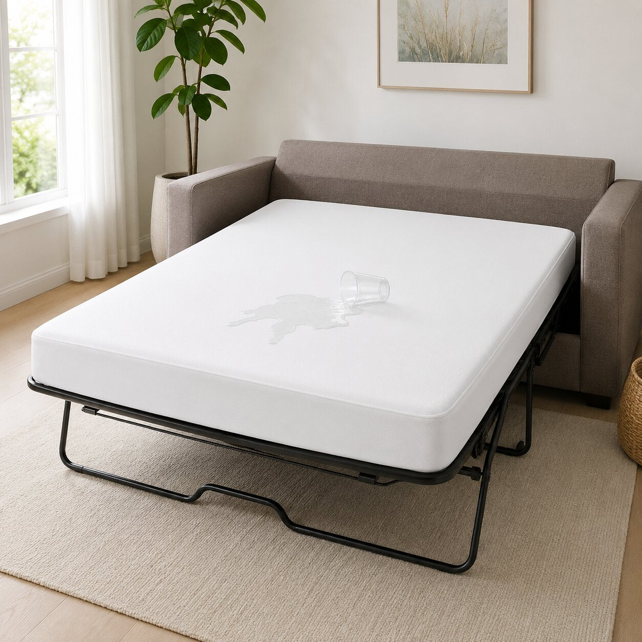 Waterproof sofa bed mattress encasement with spill protection for hotels, motels, and short-term rentals