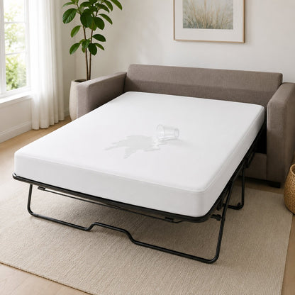 Waterproof sofa bed mattress encasement with spill protection for hotels, motels, and short-term rentals