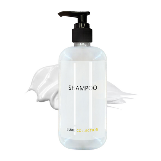 Luxe Collection white shampoo whit black pump. 300 ml formula perfect for hotels, resort, Airbnb and hospitality use.
