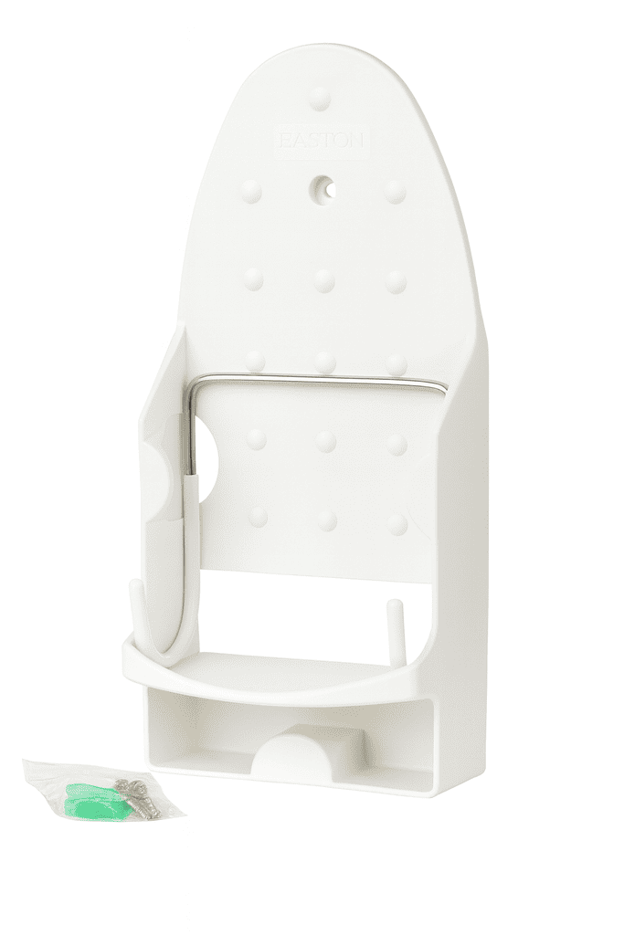 White wall-mounted iron holder with screws and plugs included, perfect for hotel or resort use.
