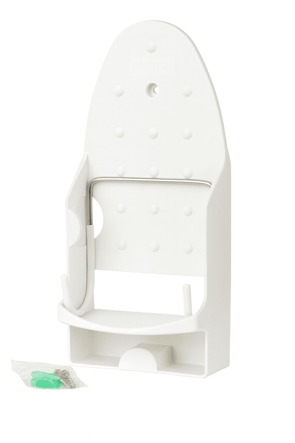 White wall-mounted iron holder with screws and plugs included, perfect for hotel or resort use.