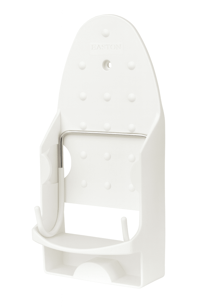 White wall-mounted iron holder with curved hooks and sturdy design, ideal for hotel guest rooms.