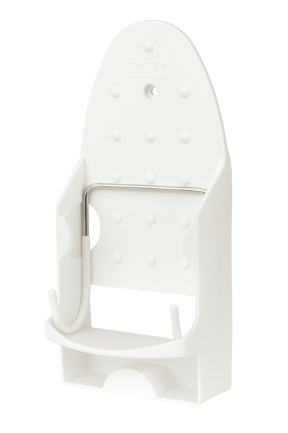White wall-mounted iron holder with curved hooks and sturdy design, ideal for hotel guest rooms.