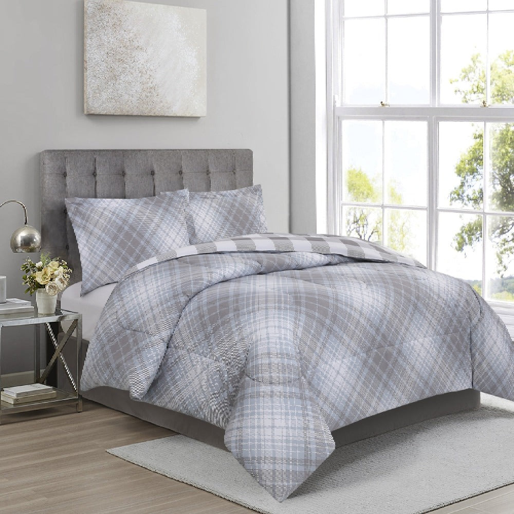 Bedding 3 Pieces Comforter Set, Soft Microfiber - Bias Plaid Alloy Success
