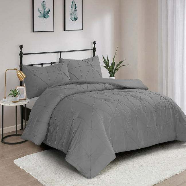3 Piece Pintuck Comforter Set - Vacuum Pack - Dark Grey