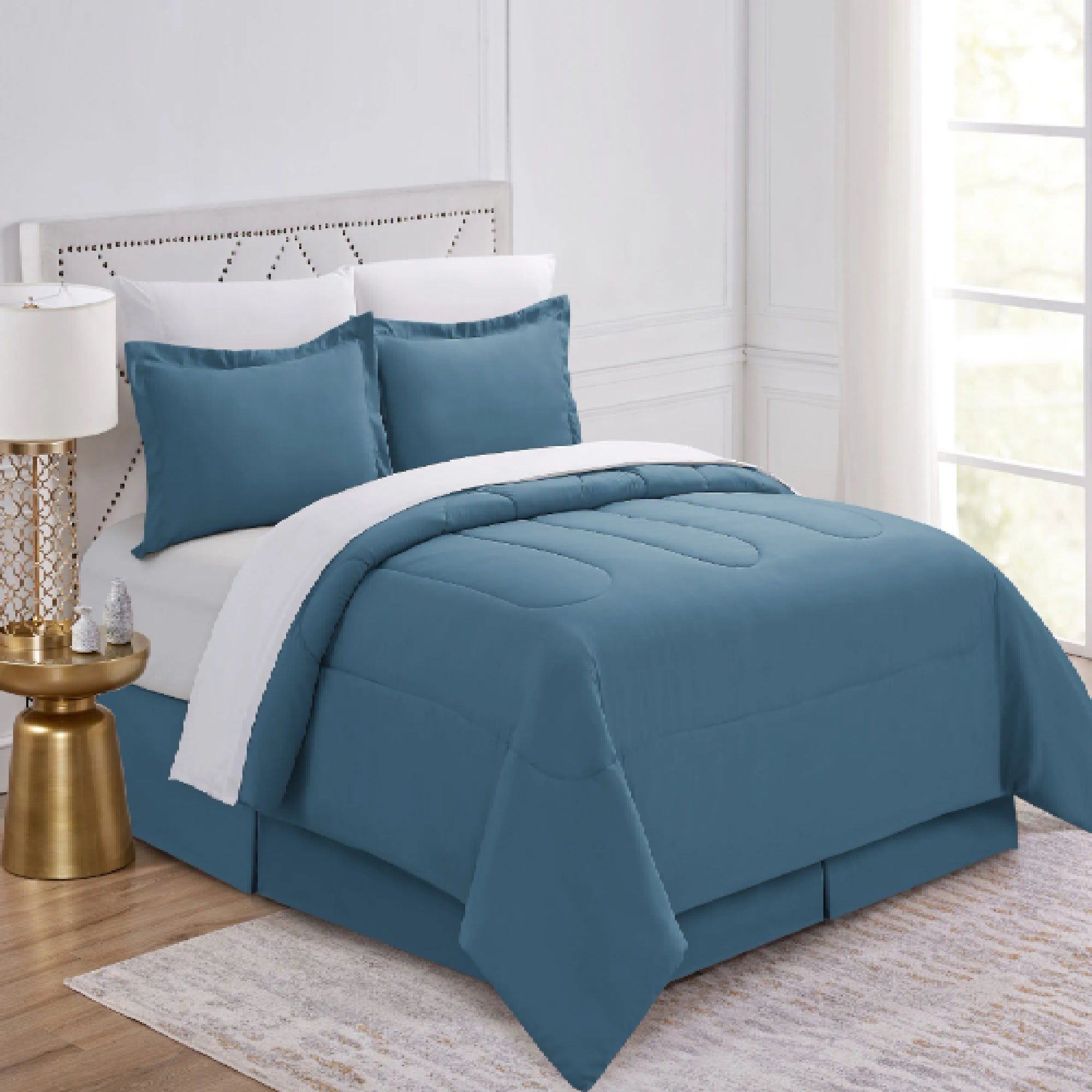 Edit Pinch Pleat 8 Piece Comforter + Sheets Set Blue