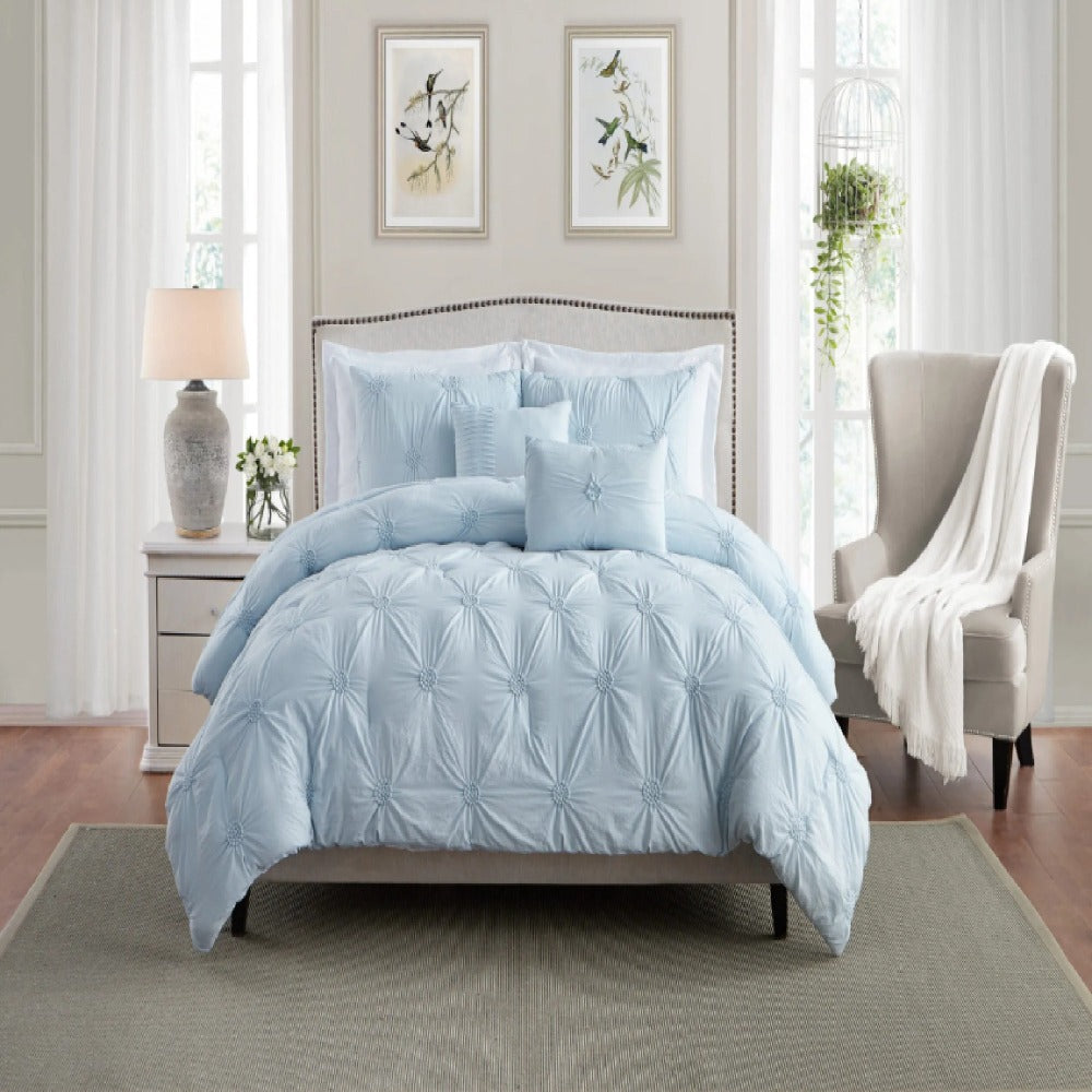 Pre washed 3 Piece Luxury Floral Ruched Comforter Set Baby Blue