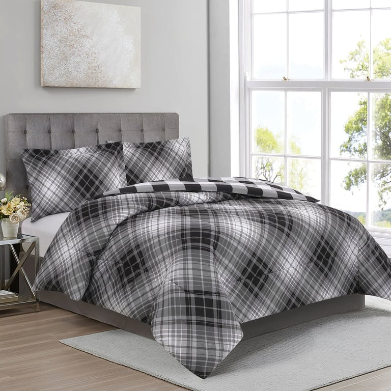100% Soft Microfiber 3 Pieces Comforter Set for Bedding - Bias Plaid Charcoal