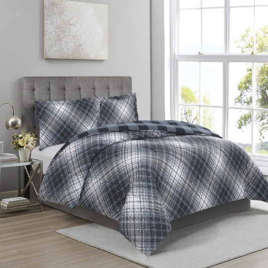 Soft Plaid Bedding Comforter Set 3 Pieces - Bias Plaid Blue