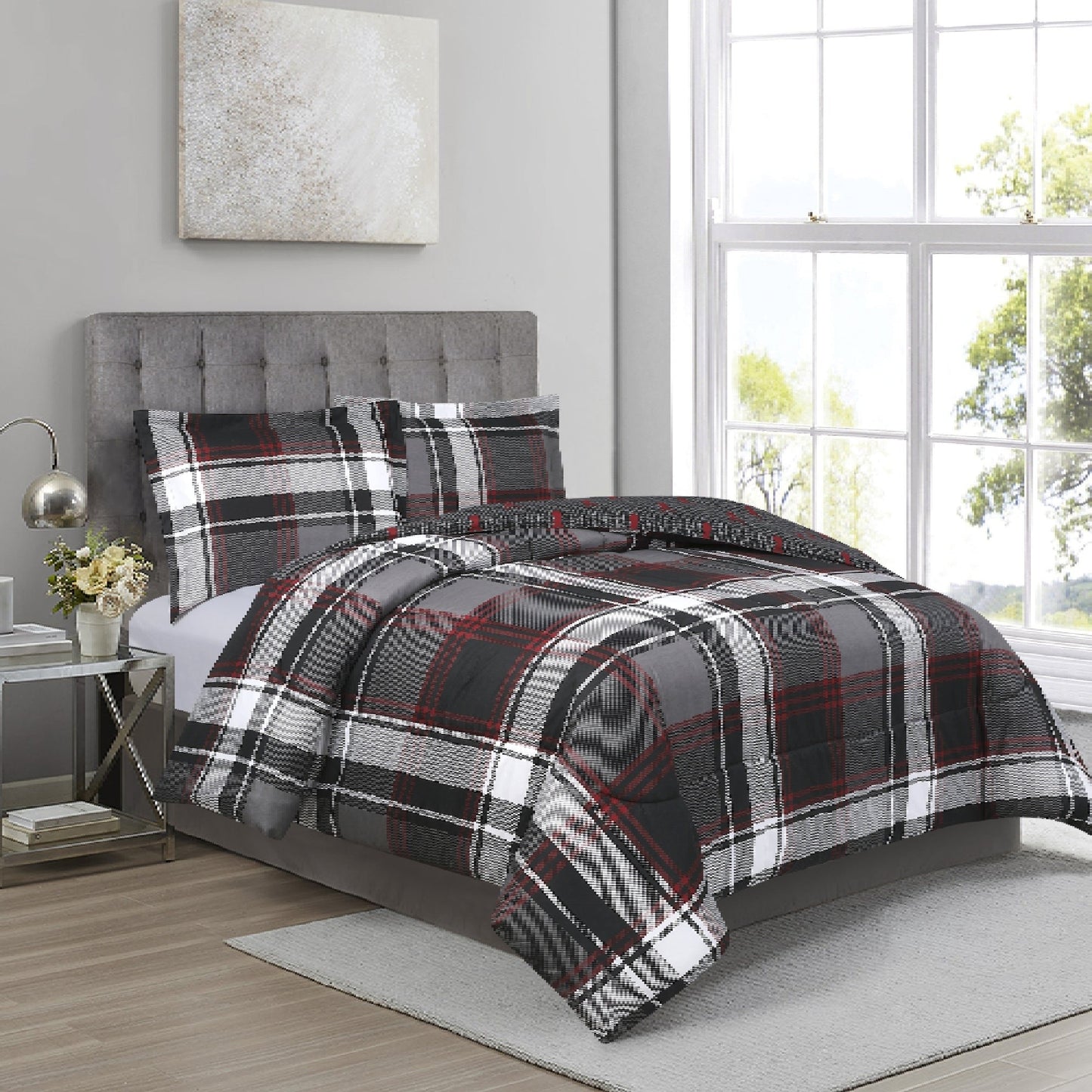 3 Pieces Liam Plaid Bedding Comforter Set, Microfiber - Black , White & Grey