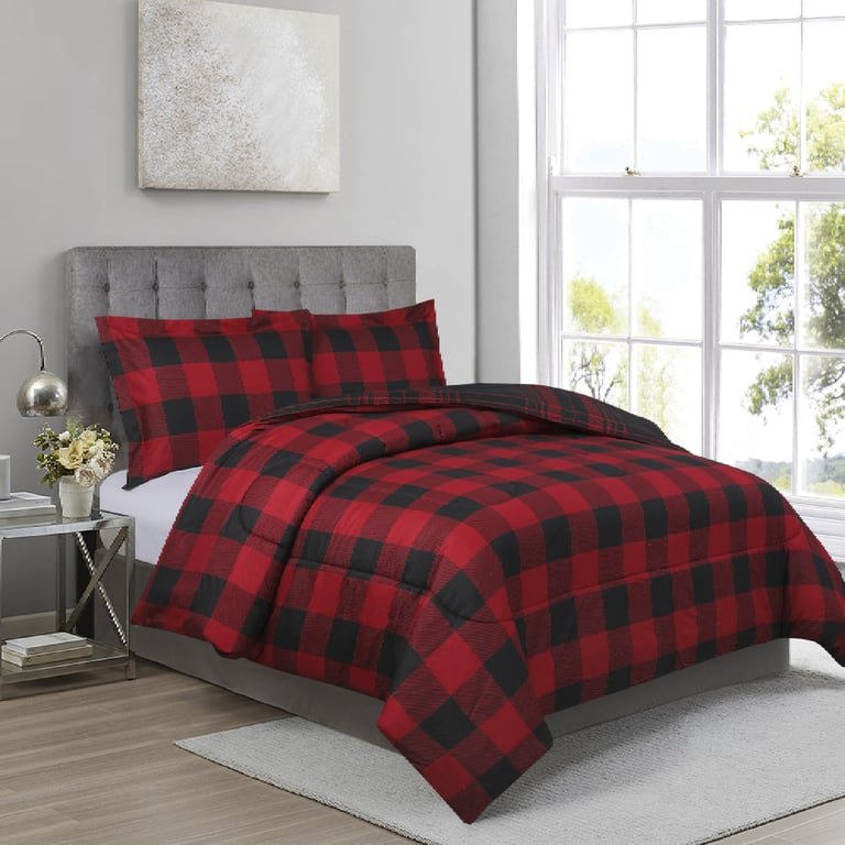 Ultra Soft 3 Pieces Comforter - Buffalo Check Black & Red Reversible